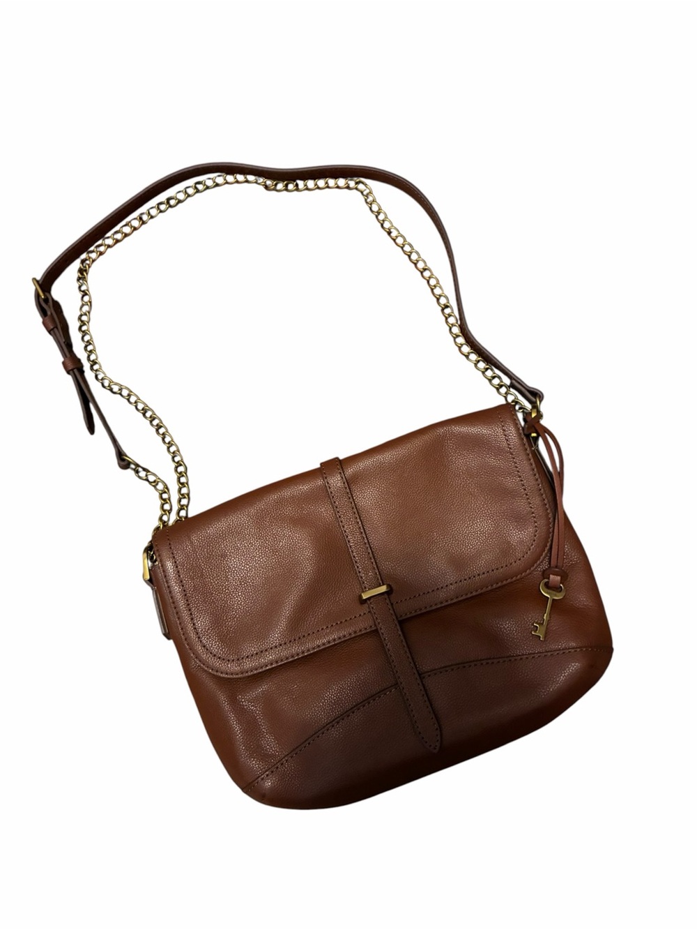 Fossil Edelyn Brown Pebbled Leather Crossbody Bag Gold Chain Strap Flap Closure